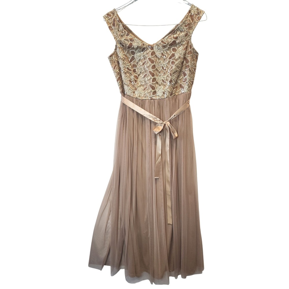 Candalite Womens Sequin Lace Tulle Evening Gown Dress Gold Tan‎ Size S NEW